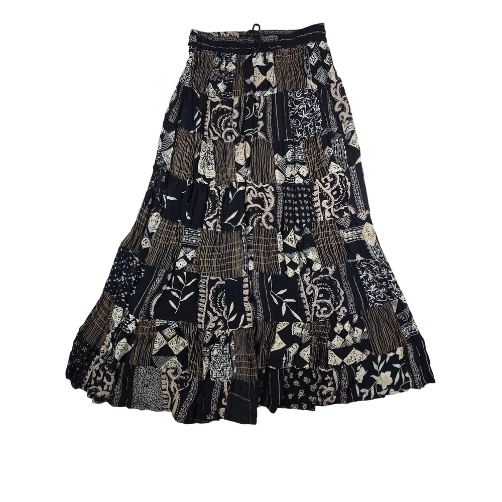 Vintage 90's Patchwork Maxi Skirt Black Tan Boho Tiered Rayon Flowy Whimsigoth